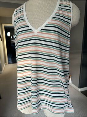 Madewell Striped V-Neck Tank in White, Peach & Green, size large